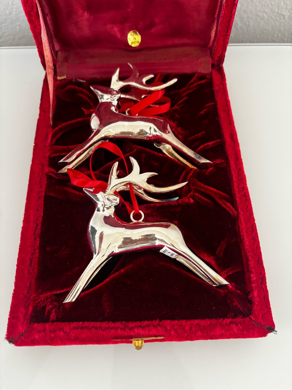 Vintage Silver Plated Reindeer Christmas Tree Ornament Set Of 2 Holiday Deer